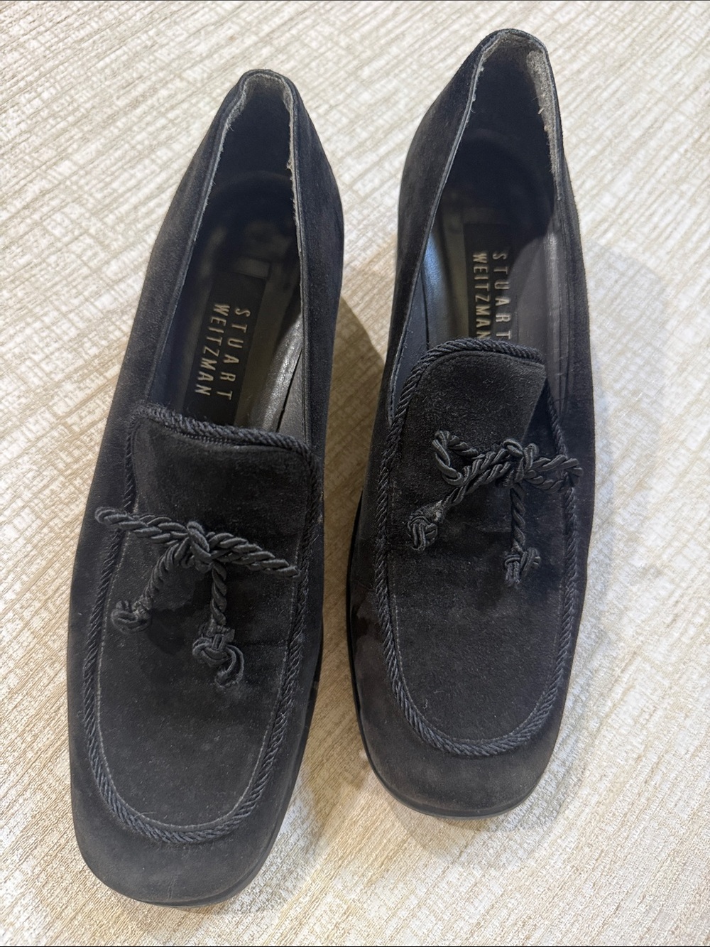 Stuart Weitzman Black Suede Tassel Loafers for women; classic block heel loafer